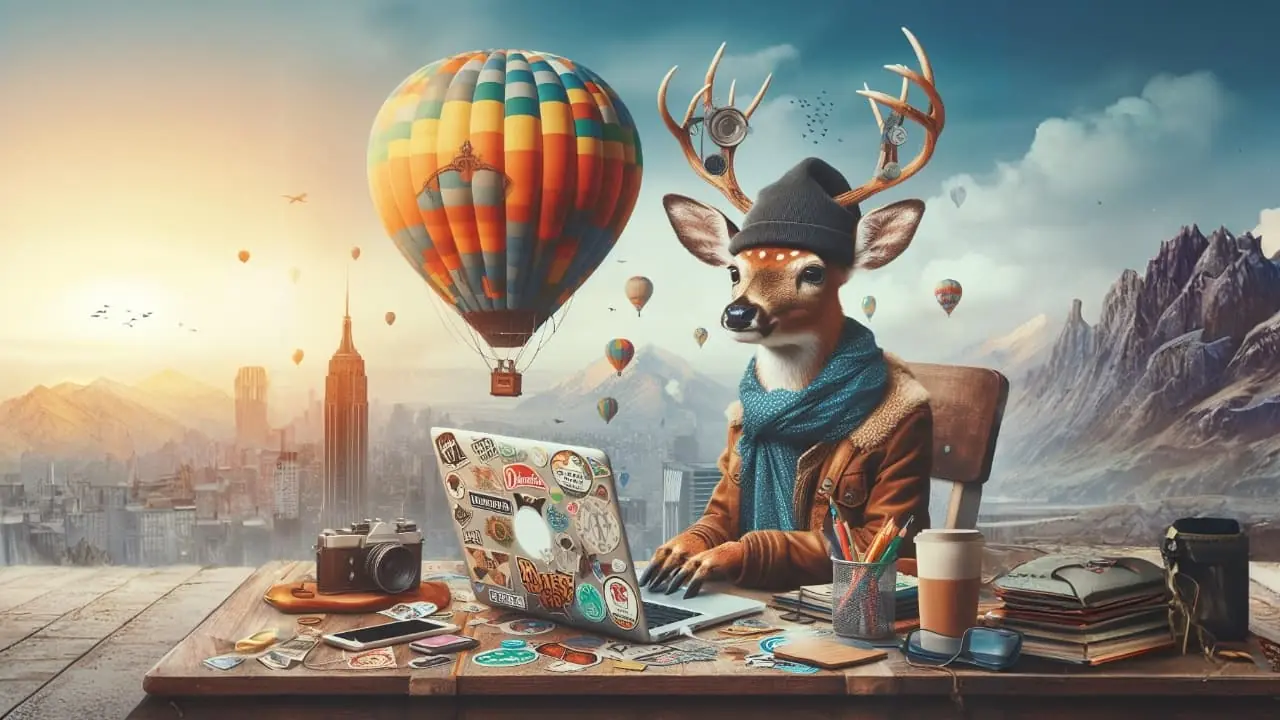 Young deer working on a computer with hot air balloons in background, digital art