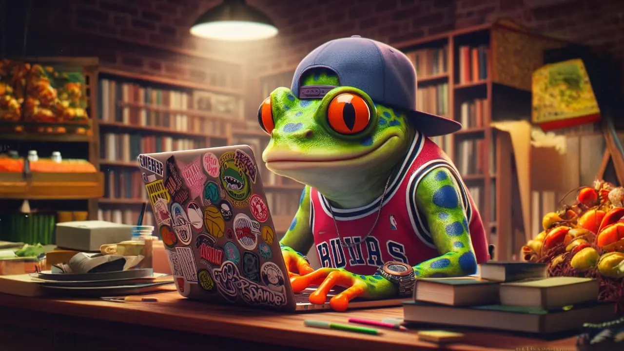 Young frog in a library working on a computer, digital art