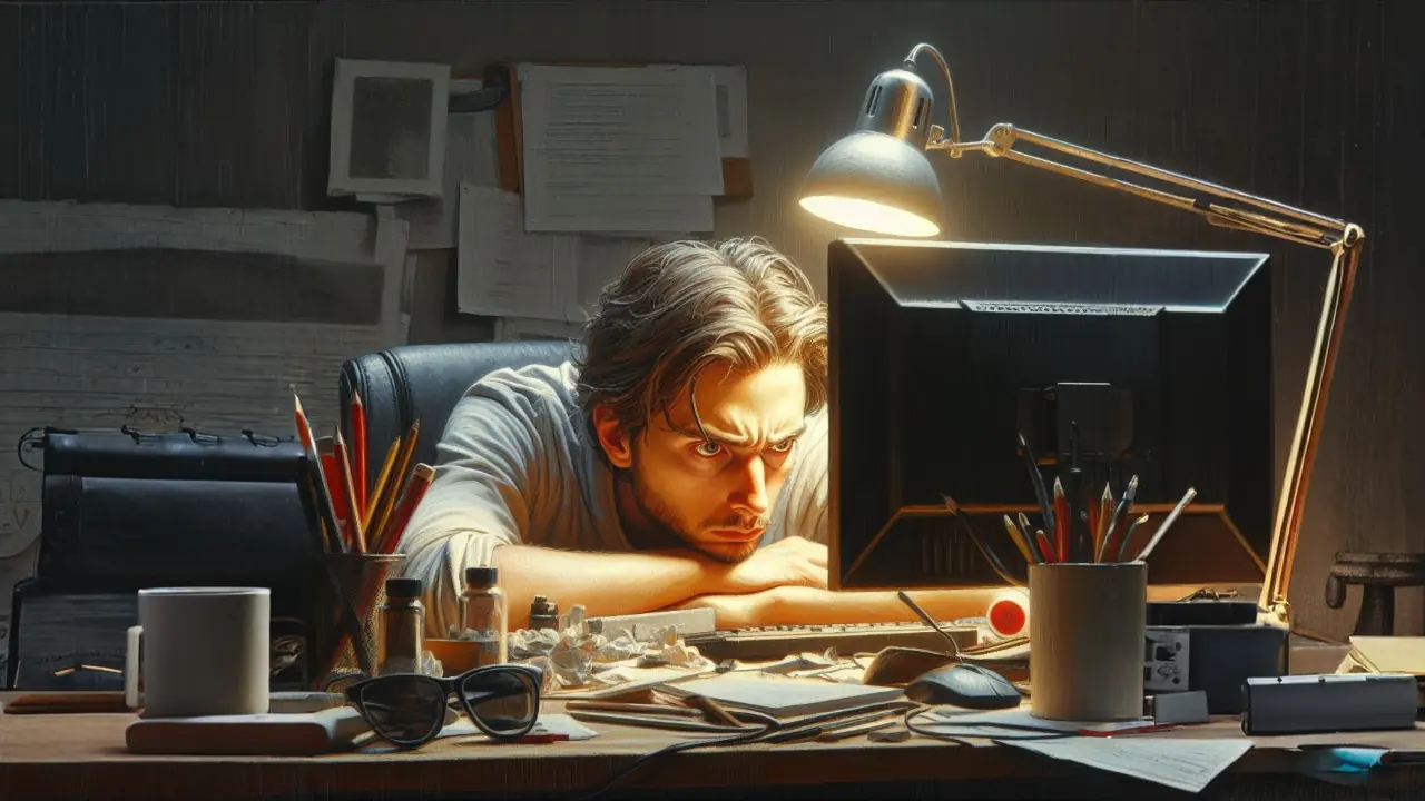 Person looking at computer in discontent, photorealism