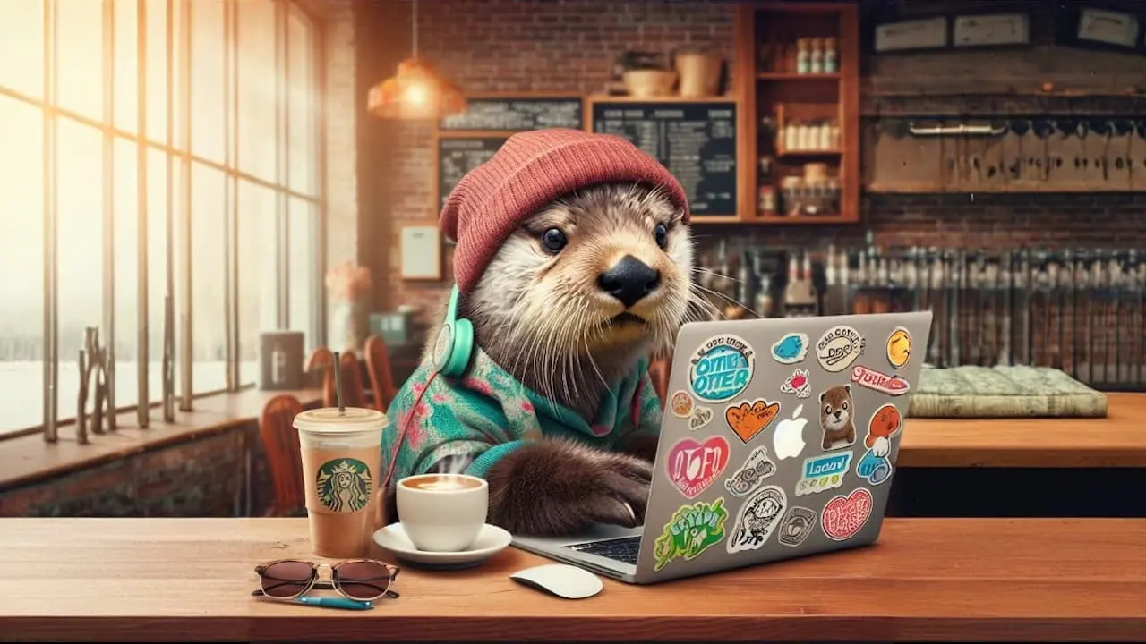 Young otter at a coffee shop working on a computer, digital art
