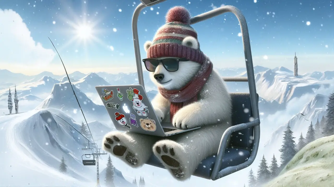 Young polar bear riding chairlift working on a computer, digital art