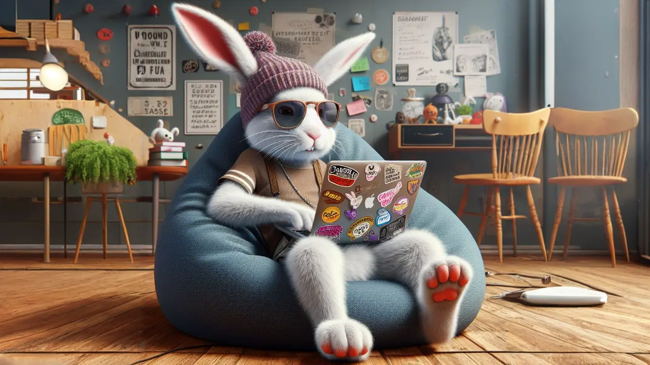 Rabbit dressed like a teenager in a beanbag chair working on a laptop covered in stickers, digital art