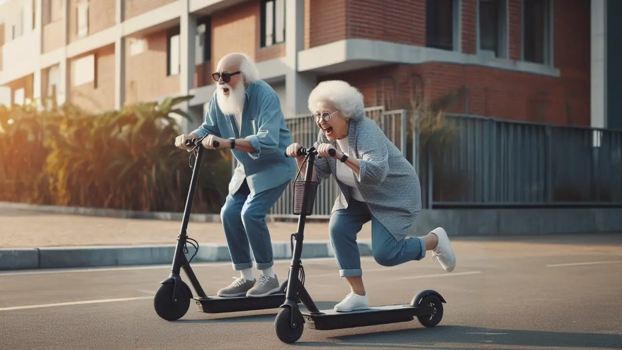 Old people racing on electric scooters