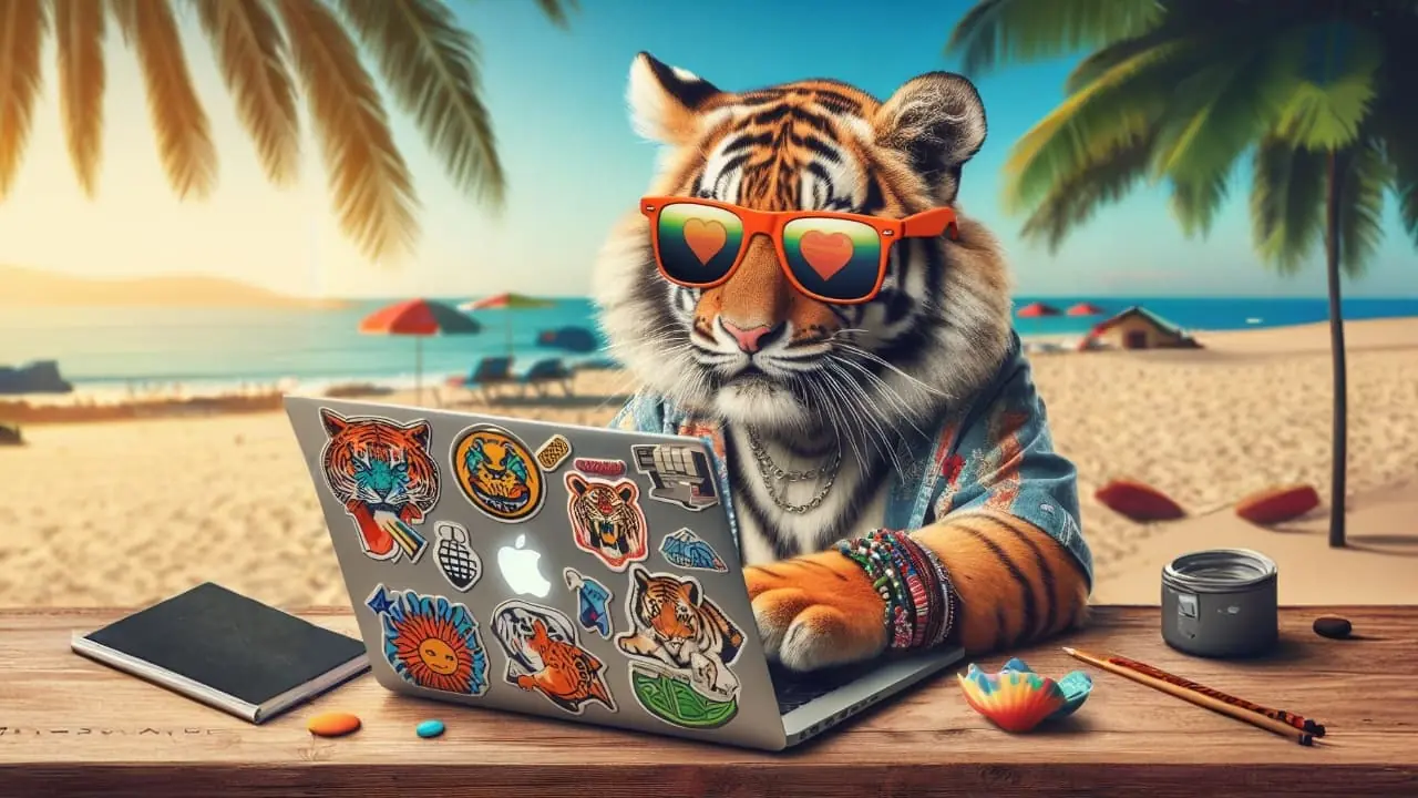 Young tiger at the beach working on a computer, digital art
