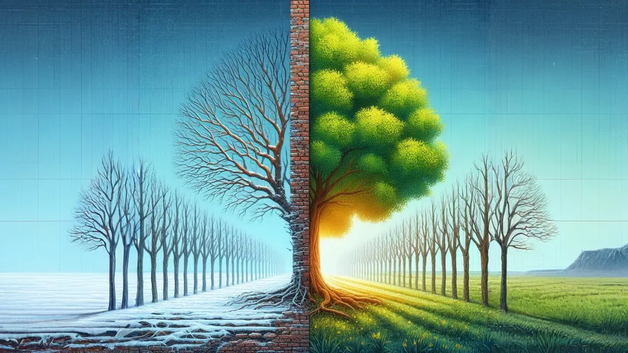 Two identical trees with a brick wall between them, one without leaves and one with beautiful foliage, digital art