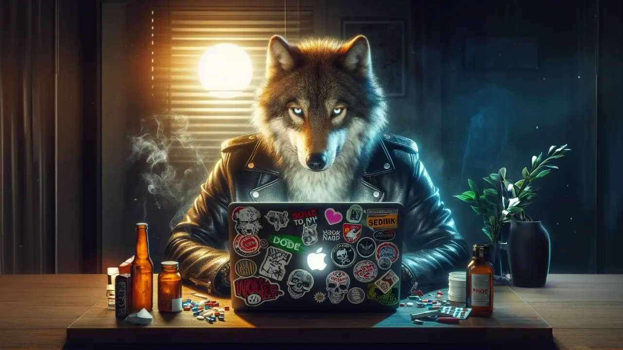 Tired looking wolf working on a laptop covered in stickers, beer bottles and prescription drugs on his desk, digital art